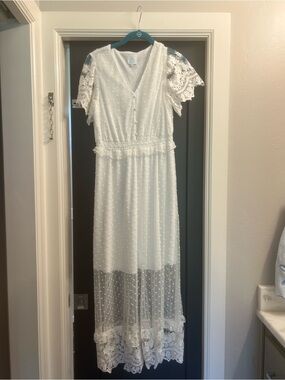 White Lace Midi Dress with Swiss Dot and Ruffle Hem